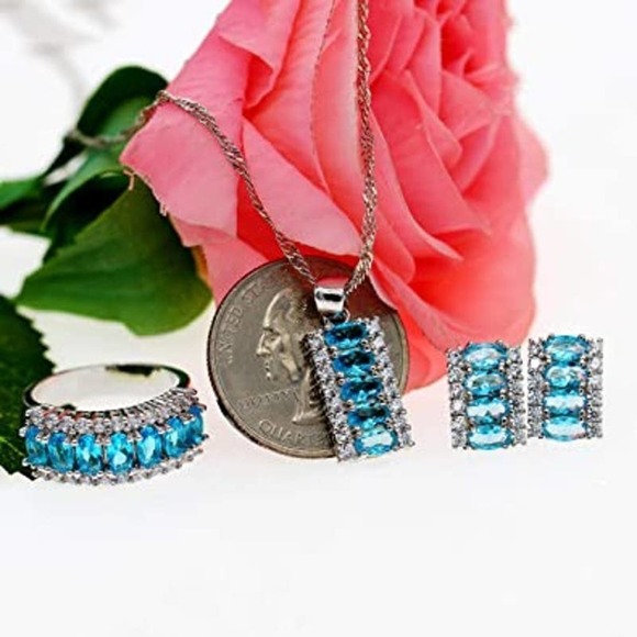 Platinum Plated Necklace Earring Ring CZ Cubic Rhinestone Necklace Blue Earrings - Picture 8 of 8